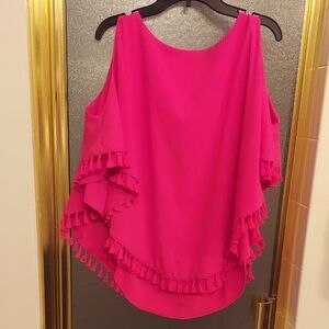 Peter Nygard Hot Pink Cold-Shoulder Tassel Ruffle Blouse
